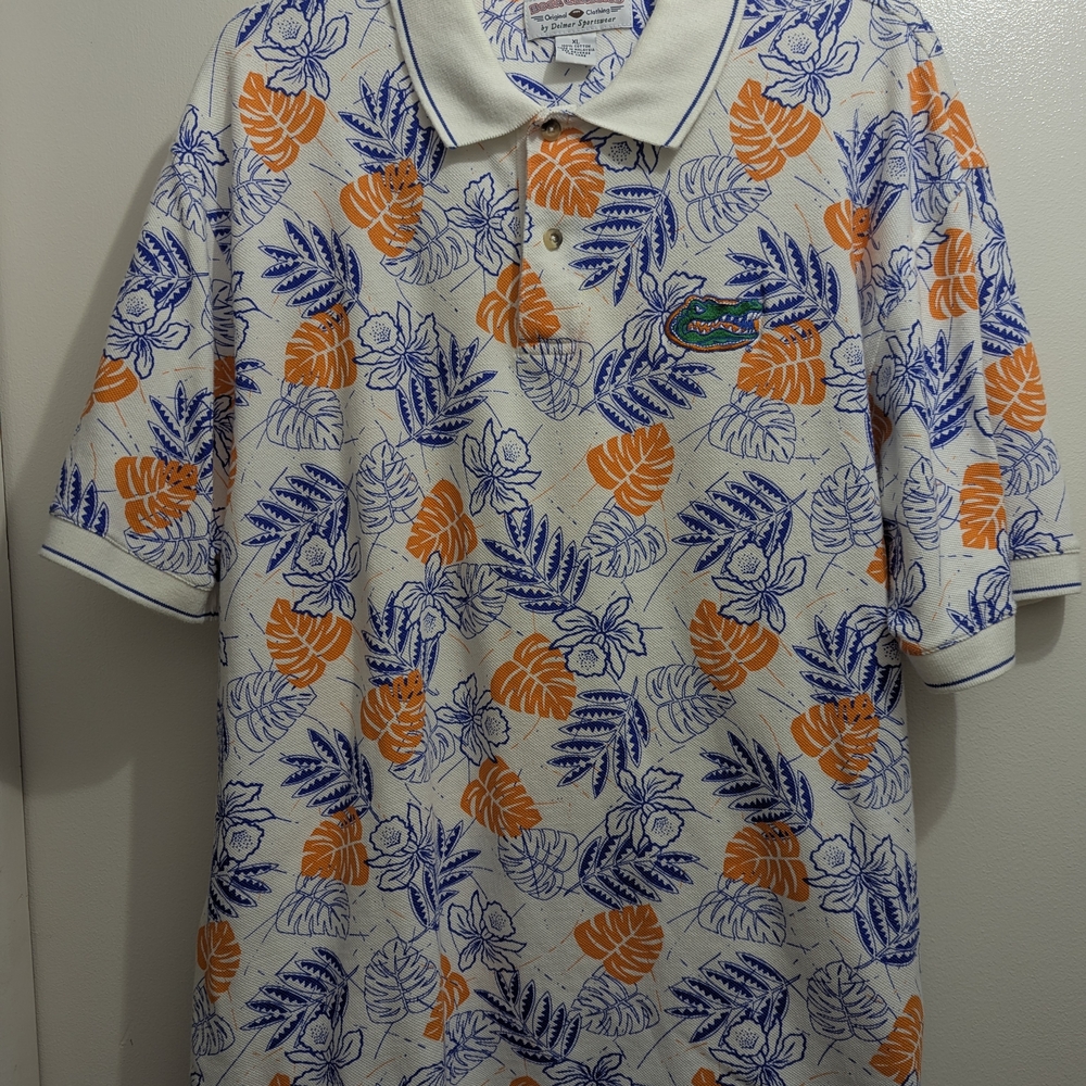 Men’s White Polo Shirt with Orange & Blue Tropical Print